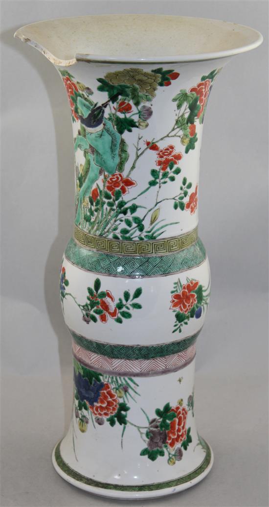 A large Chinese famille verte beaker vase, Gu, Kangxi period, 44.5cm, 11 x 3.5cm section of rim lacking